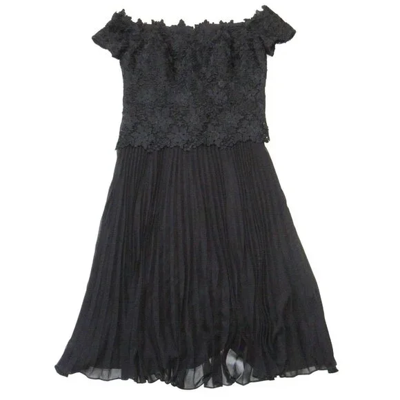 NWT Rickie Freeman for Teri Jon Off-Shoulder Midi in Black Lace Pleated Dress 12 - Picture 2 of 7